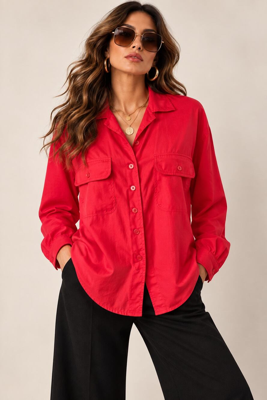 Vintage Irka Red Blouse M L Made Japan 70s Disco Utility Shirt Pockets